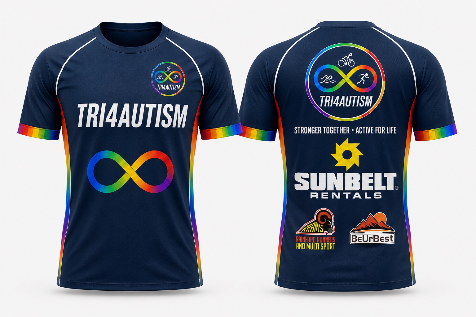 Front and back of the navy Tri4Autism running shirt with rainbow details and Sunbelt Rentals sponsorship