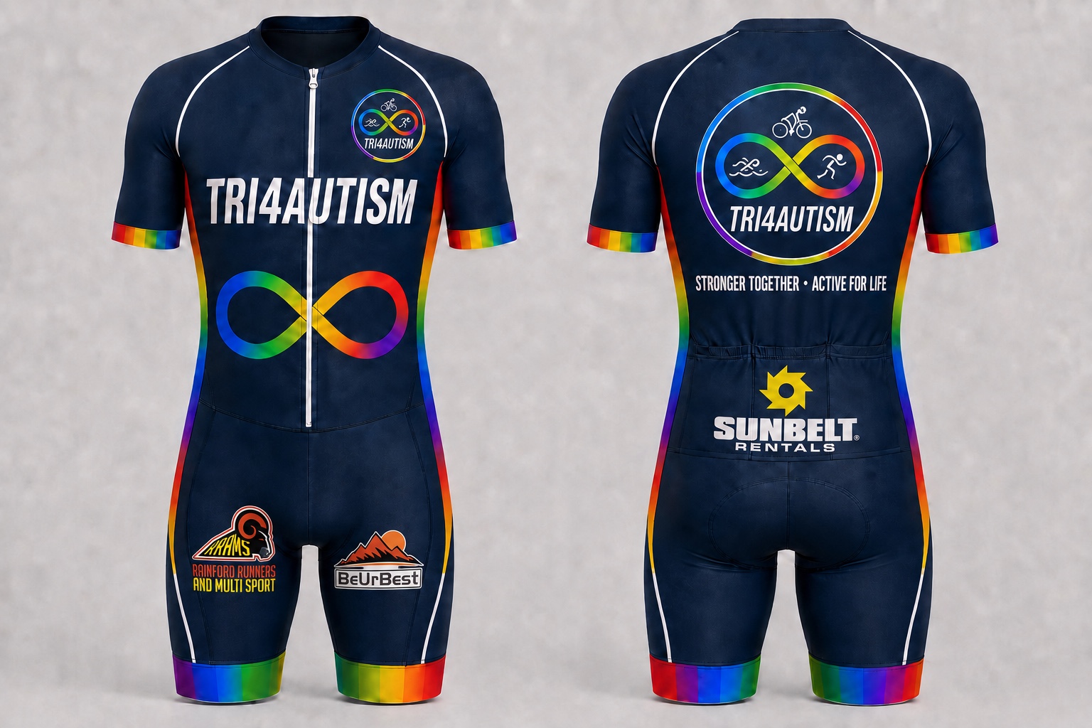 Front and back of the navy Tri4Autism tri suit with rainbow infinity branding and Sunbelt Rentals sponsorship
